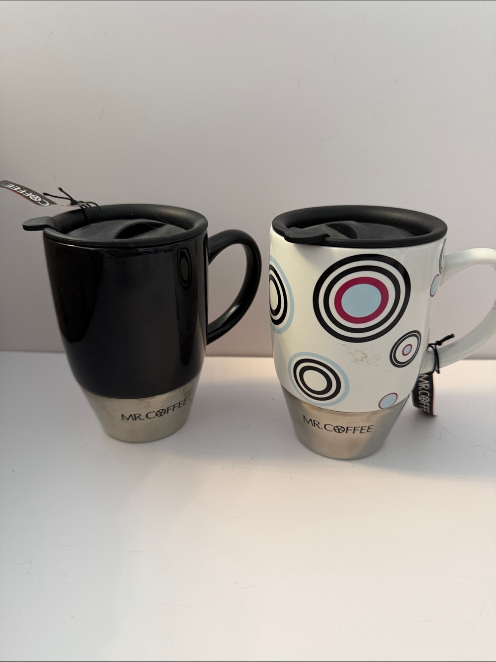 Mr. Coffee Black & White Ceramic Travel Mug Set with Lids